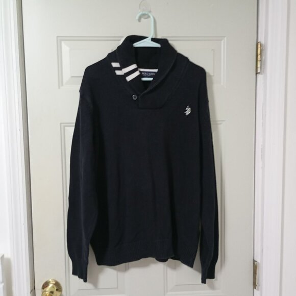 U.S. Polo Assn Mens XL Black Cotton Shawl Collar Sweater Ribbed Cuffs and Hem - Picture 1 of 9
